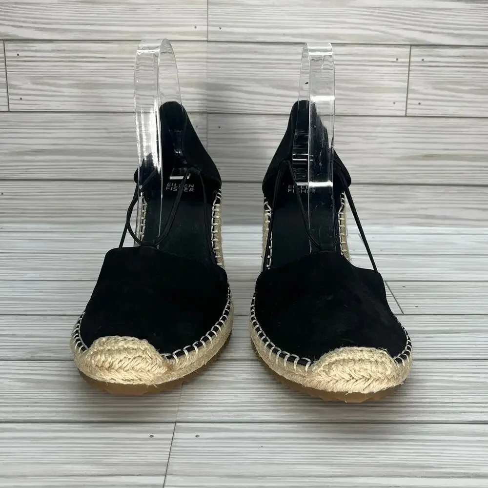 Eileen Fisher Women's Black Yasmin Tumbled Nubuck Espadrille Wedge Size 9